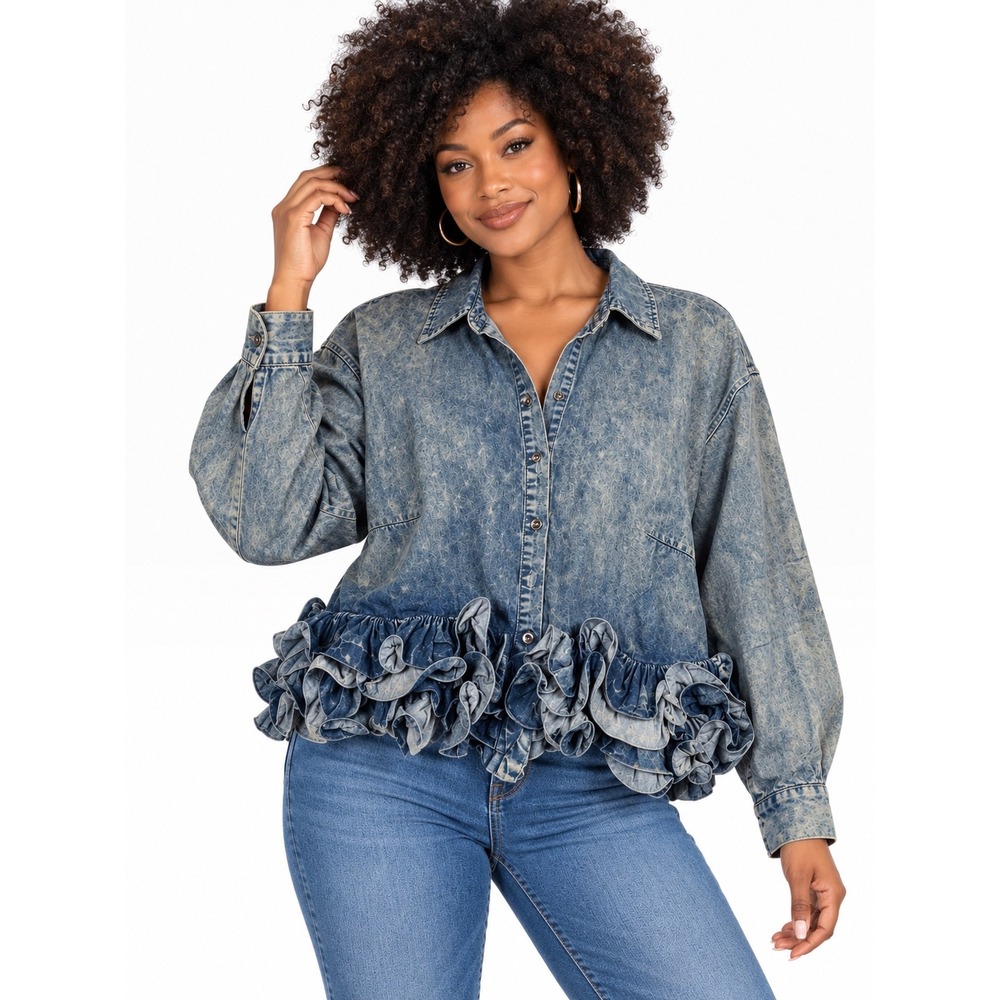 JJ FairyLand Acid Wash Tencel Ruffle Hem Button Down Shirt Blue Small NEW Bono